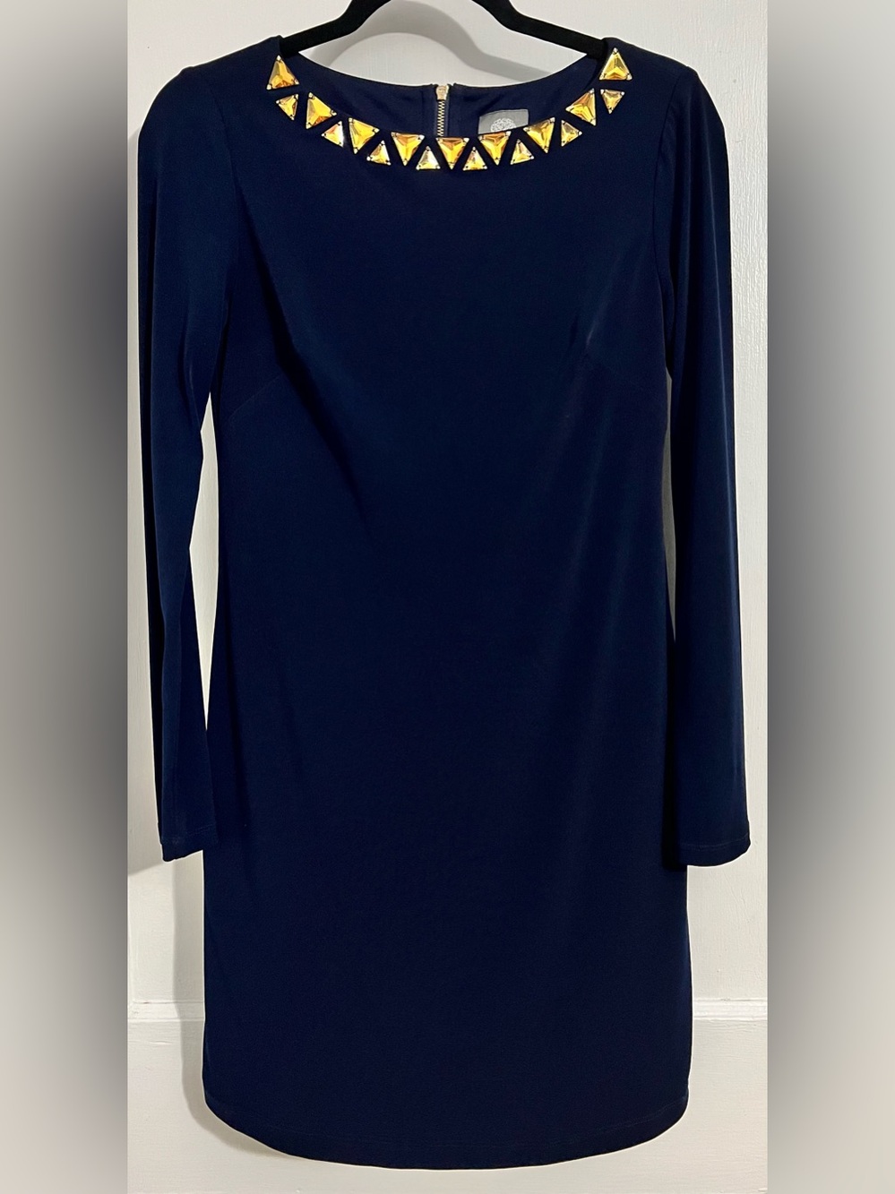 Vince Camuto Navy Long-Sleeve Shift Dress with Gold Triangle Accents